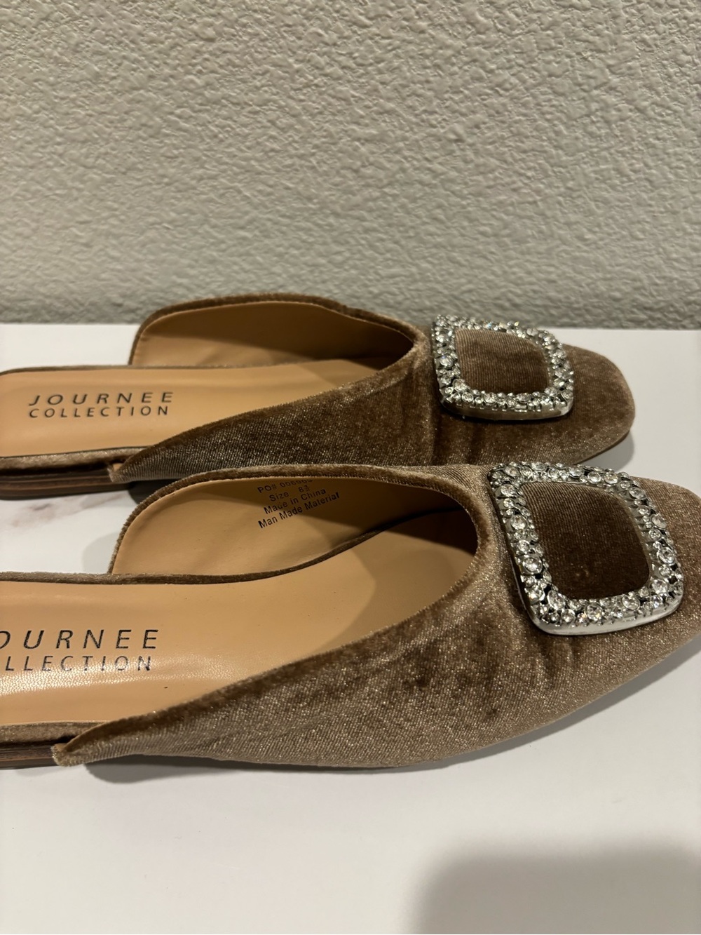 Journee Collection Taupe Velvet Slip-On Mules with Crystal Buckles